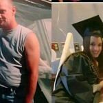 Young woman in graduation gown with her stepfather in a hospital bed, side-by-side with a childhood photo.