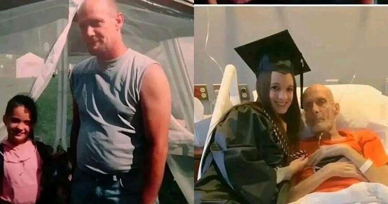 Young woman in graduation gown with her stepfather in a hospital bed, side-by-side with a childhood photo.