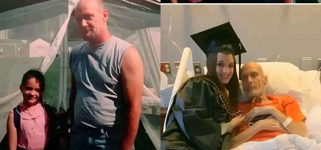Young woman in graduation gown with her stepfather in a hospital bed, side-by-side with a childhood photo.