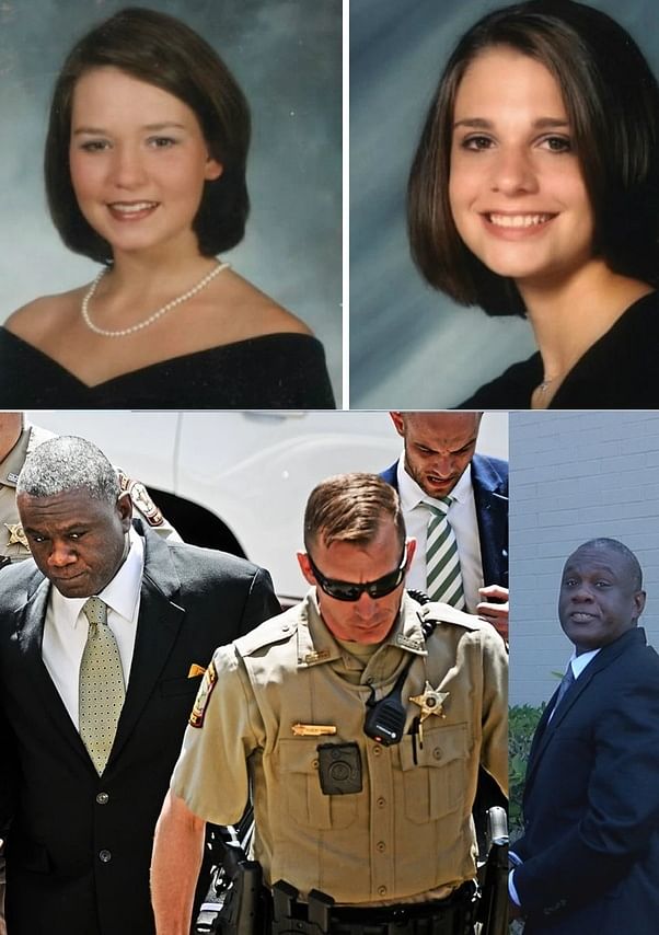 Portraits of JB Beasley and Tracie Hawlett, alongside images of police and a suspect in custody.